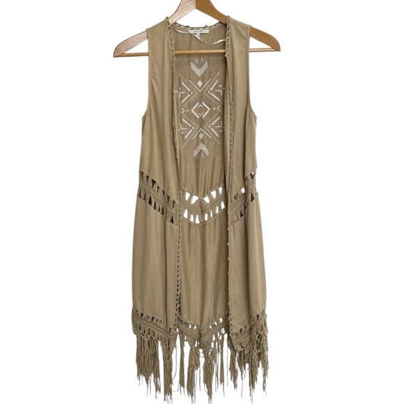 Miss Me Run Wild Faux Suede Light Brown Tan Fringe Maxi Vest Longline Duster Sm - Picture 2 of 10